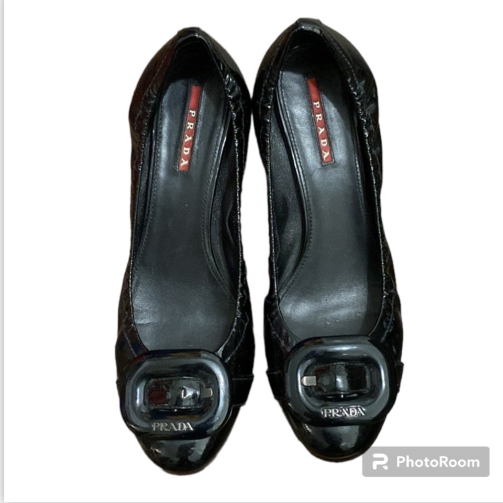 Prada Heel Buckle Embellishment Black Patent Pumps Size 38